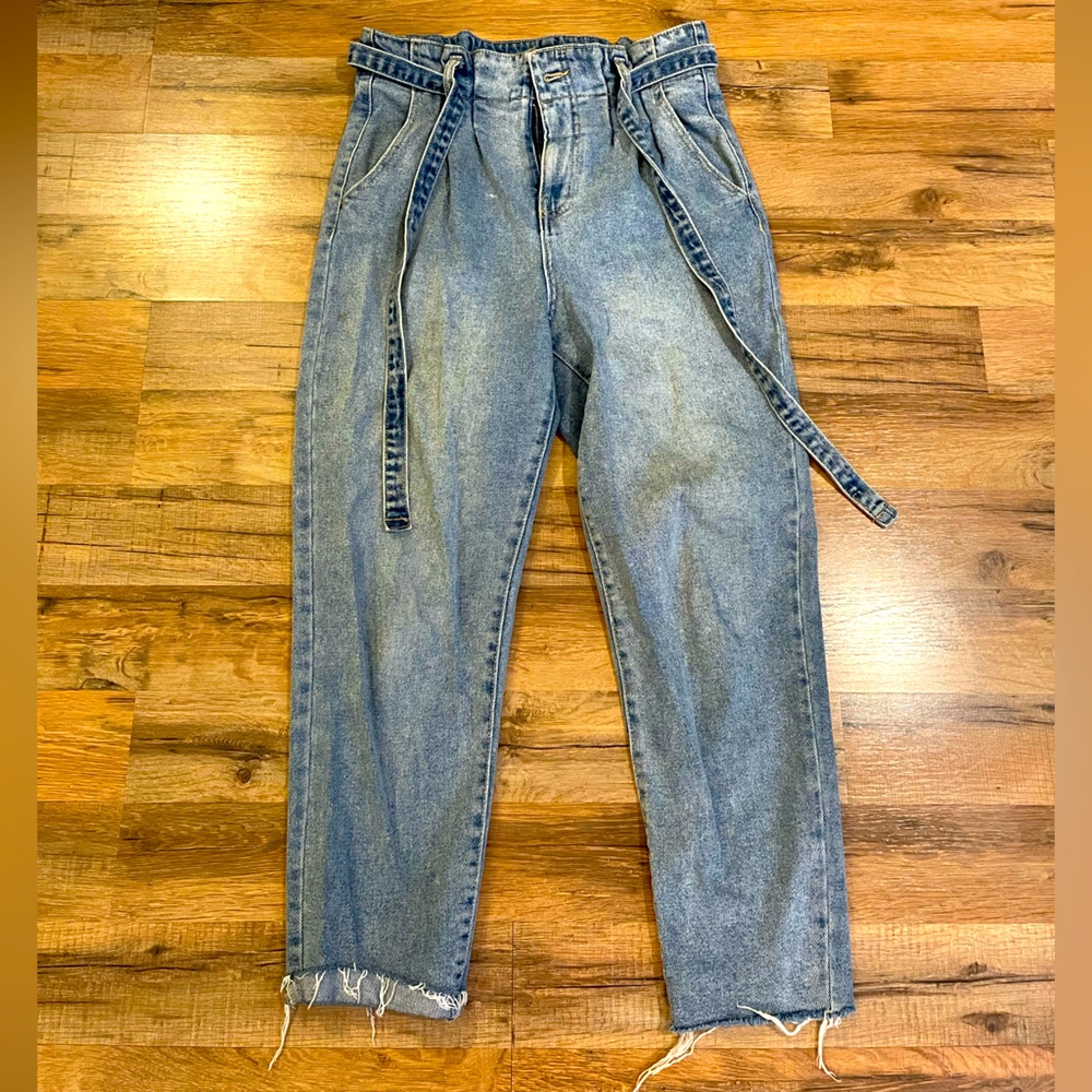 Denim Paperbag Waist Straight Leg Jeans